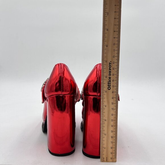 XYD Red Bling Rhinestones Strap Platform Mary Jane Square Toe High Chunky Pumps - Picture 5 of 8